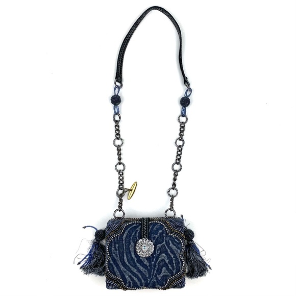 Mary Frances Bag Beaded mini evening purse blue tassel clutch art to wear - Picture 3 of 13